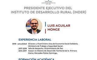 La mañana de este martes 20 de julio fue juramentado el nuevo presidente ejecutivo del Inder, Luis Diego Aguilar Monge, quien hasta ayer fue Viceministro del área de Economía Social Solidaria del Ministerio de Trabajo y Seguridad Social, labor que ha venido realizando desde mayo del año 2018, cuando fue nombrado por el Presidente de la República.